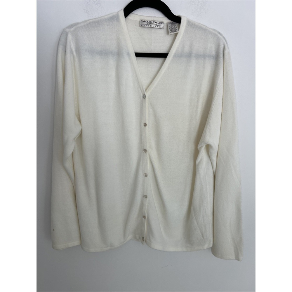Carolyn Taylor Womens L Acrylic V-Neck Button Up Cardigan Lightweight Cream